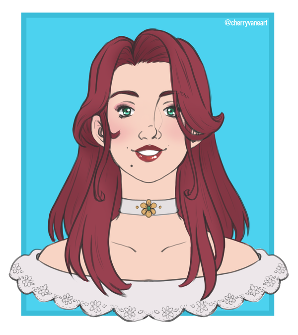 Illustration of a woman with burgundy hair and bright green eyes smiling brightly 