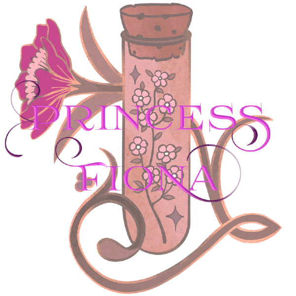"Princess Fiona" written in fancy script over a corked vial of flowers.